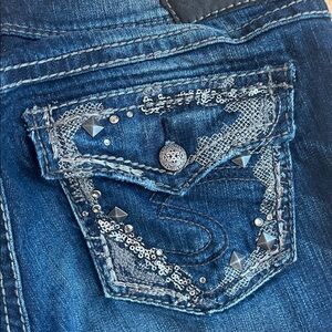 Silver jeans sequin pockets Y2K Dark Blue Denim Jeans with Embroidered Pockets